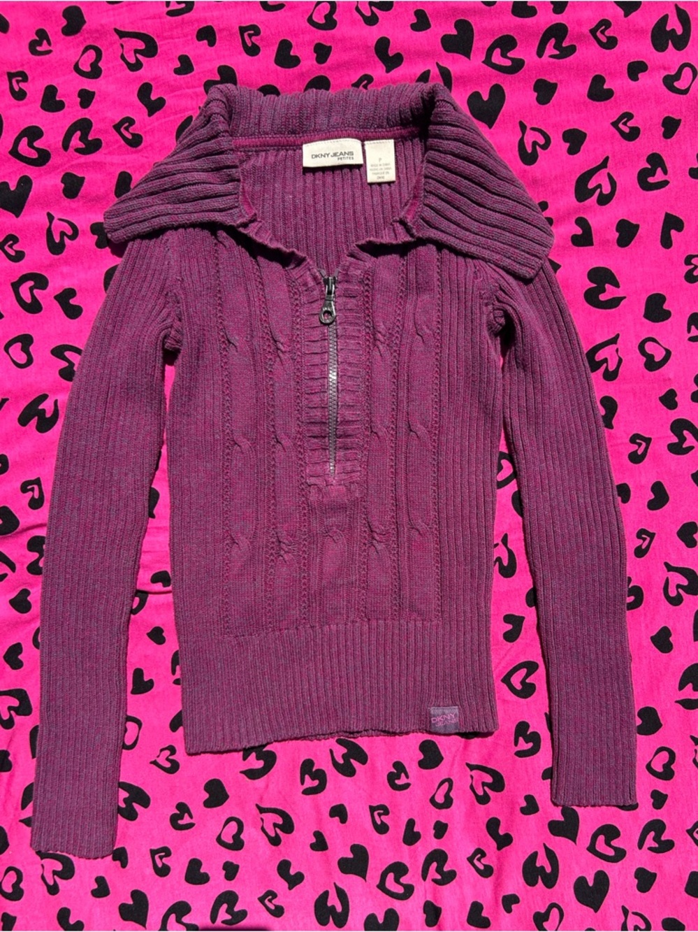 DKNY Plum Cable-Knit Half-Zip Turtleneck Sweater